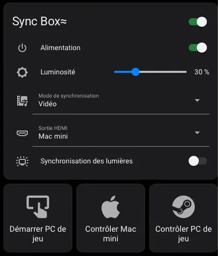 Interface de contrôle Home Assistant pour une Sync Box et un PC de jeu, affichant les réglages d'alimentation, luminosité et sortie HDMI.